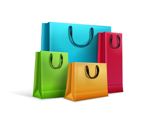 Shopping bag realistic composition with four paper bags of different sizes and colors vector illustration