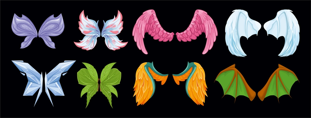 Mythical wings composition with dark composition of isolated images with colorful wings and ripe green leaves vector illustration