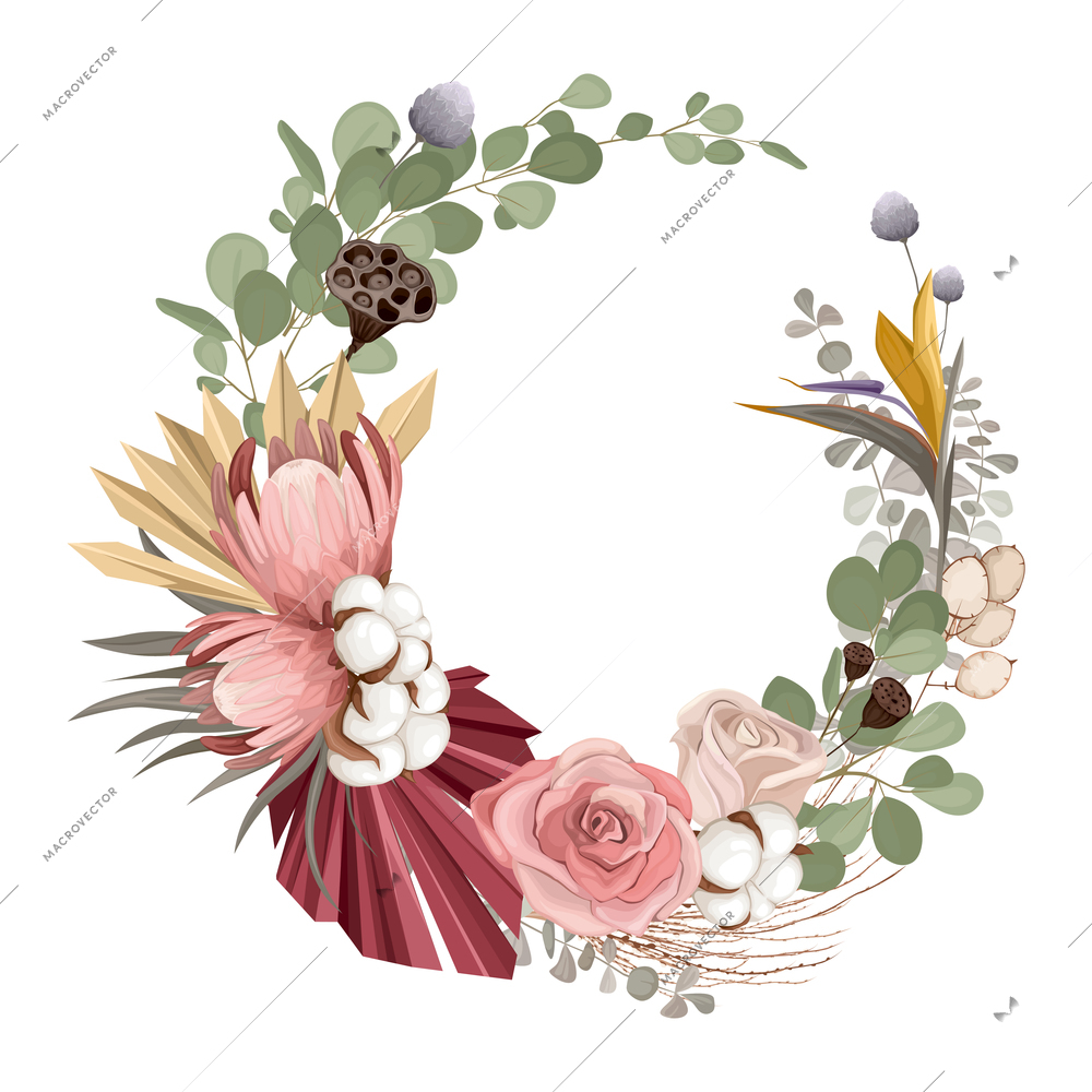 Boho dried flowers frame composition with flowers plants anc circle compositions of colorful flowers with shadows vector illustration