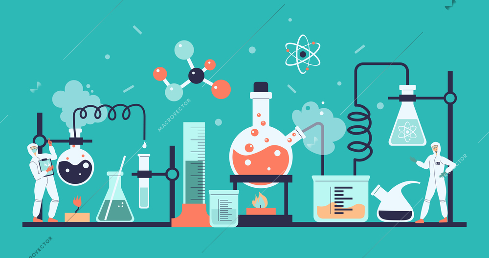 Science laboratory composition abstract situation large flasks connected to each other and two scientists in special suits vector illustration