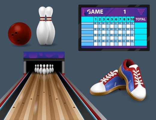 Realistic bowling composition with isolated images of bowling track ball pins and shoes with score board vector illustration