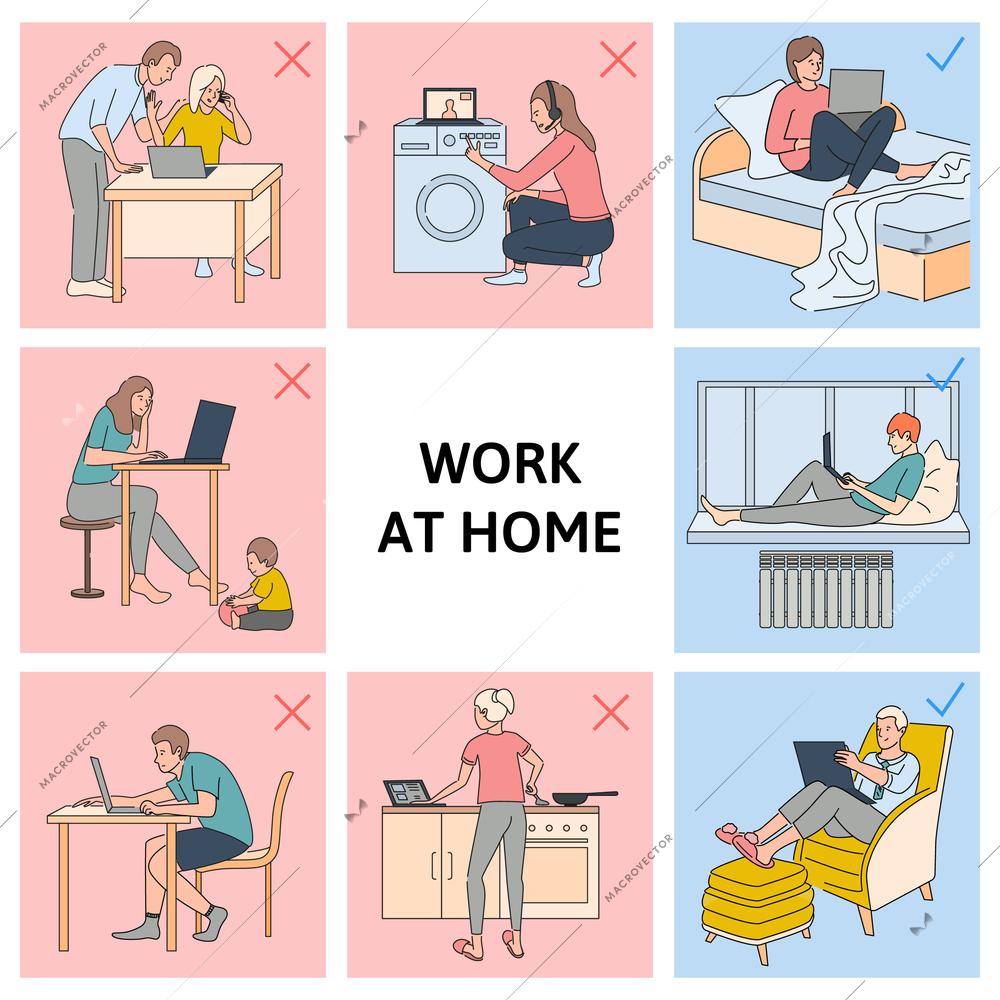 Work at home design concept with eight square icons demonstrated pros and cons of remote job flat vector illustration