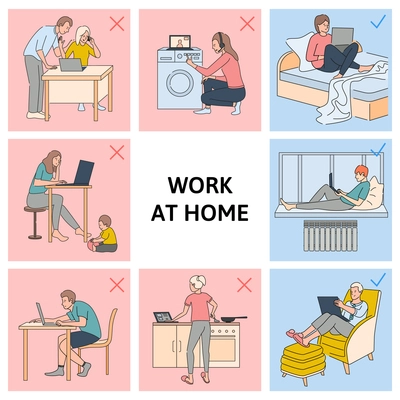 Work at home design concept with eight square icons demonstrated pros and cons of remote job flat vector illustration