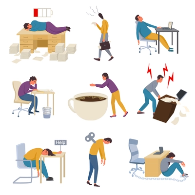 Professional burnout syndrome flat set of tired unhappy depressed stressed sleeping at workplace people isolated vector illustration