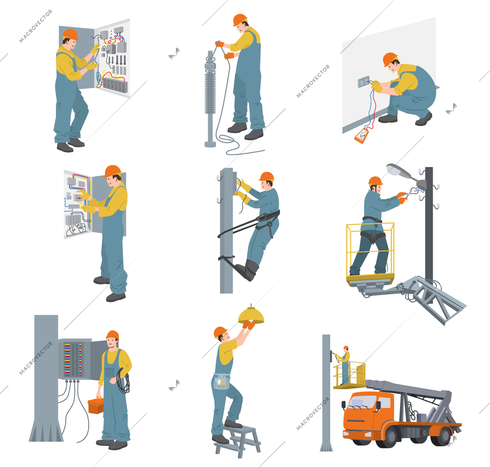 Electric workers flat set of technician staff change light bulb and check electrical switchboard isolated vector illustration