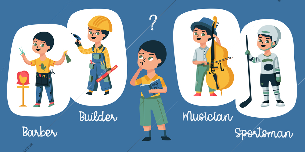 Children profession composition with character of little boy question mark and characters of kids in uniform vector illustration