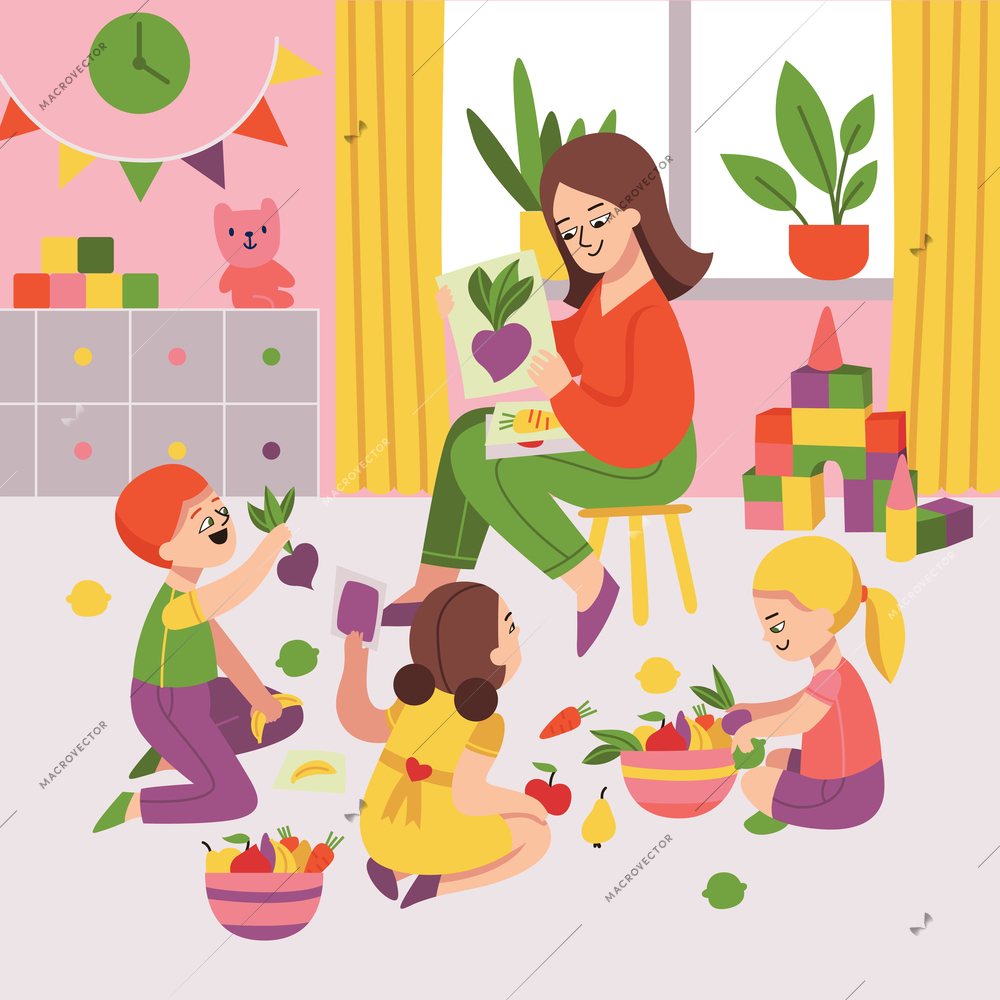 Kindergarten montessori vegetables composition with nursery teacher surrounded by kids holding ripe vegetables gathered in dishes vector illustration