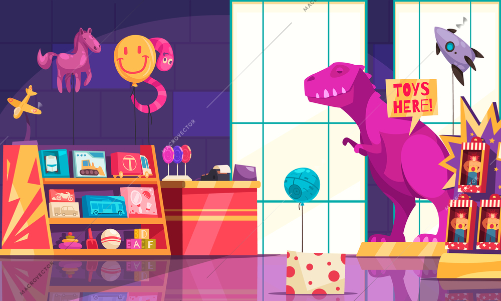 Toys shop inside colored background with board games and books for children on shelves and giant dinosaur on pedestal vector illustration