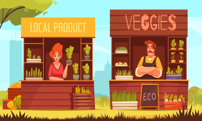 Local farmers market background with male and female characters selling veggies in outdoor stalls cartoon vector illustration
