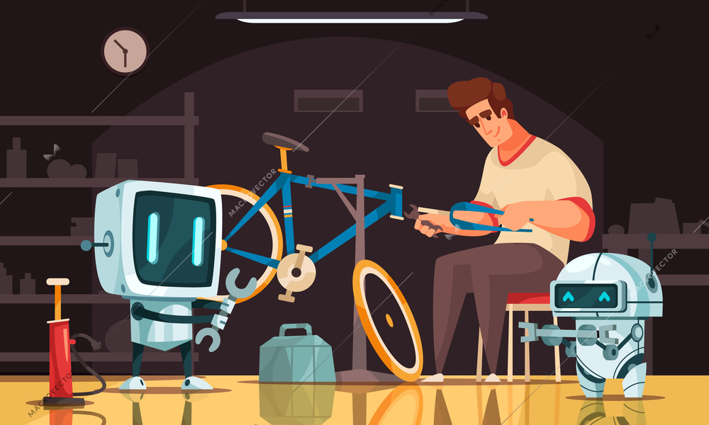 Futuristic robots flat background with two friendly robot assistants helping man fix bicycle cartoon vector illustration
