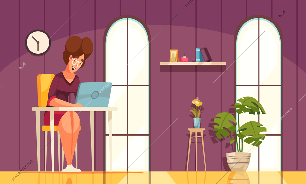 Daily routine flat background with glad female character working remote at home  cartoon vector illustration