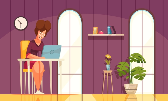 Daily routine flat background with glad female character working remote at home  cartoon vector illustration