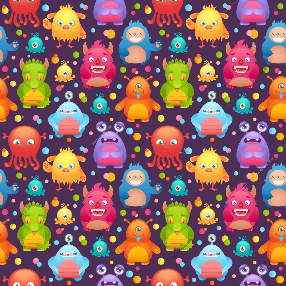 Cute cartoon monsters funny alien character dark background seamless pattern with bubbles vector illustration