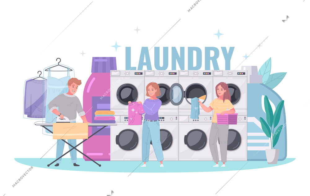 Laundromat cartoon vector illustration with people using laundry and iron service at washing machines background