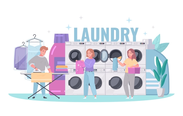 Laundromat cartoon vector illustration with people using laundry and iron service at washing machines background