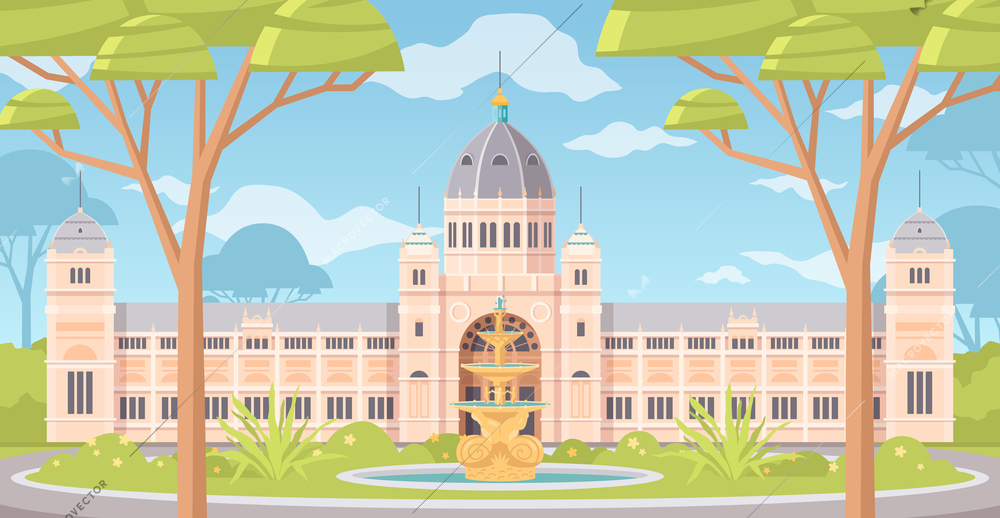 Australia invitation cartoon background with building of royal exhibition centre in melbourne flat vector illustration