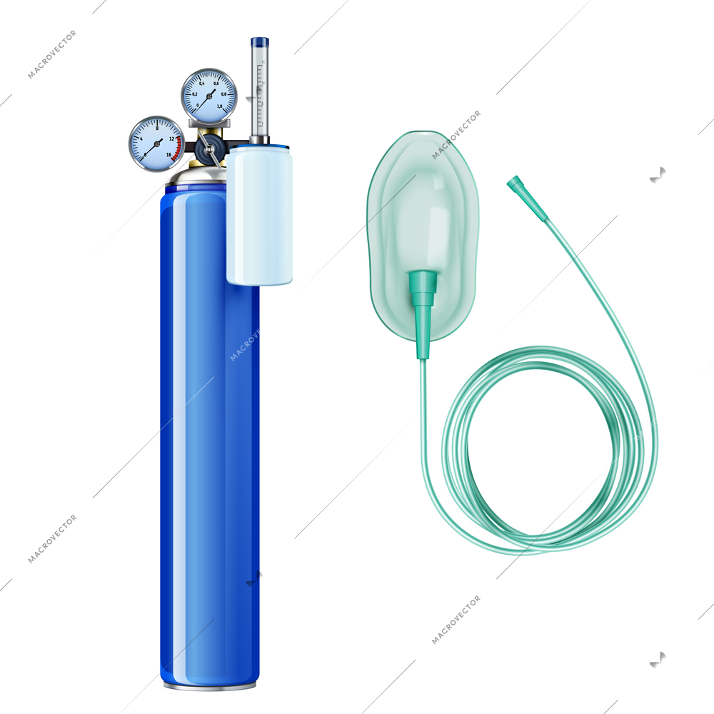 Oxygen tank and mask realistic composition with isolated images of o2 cylinder and medical breathing mask vector illustration