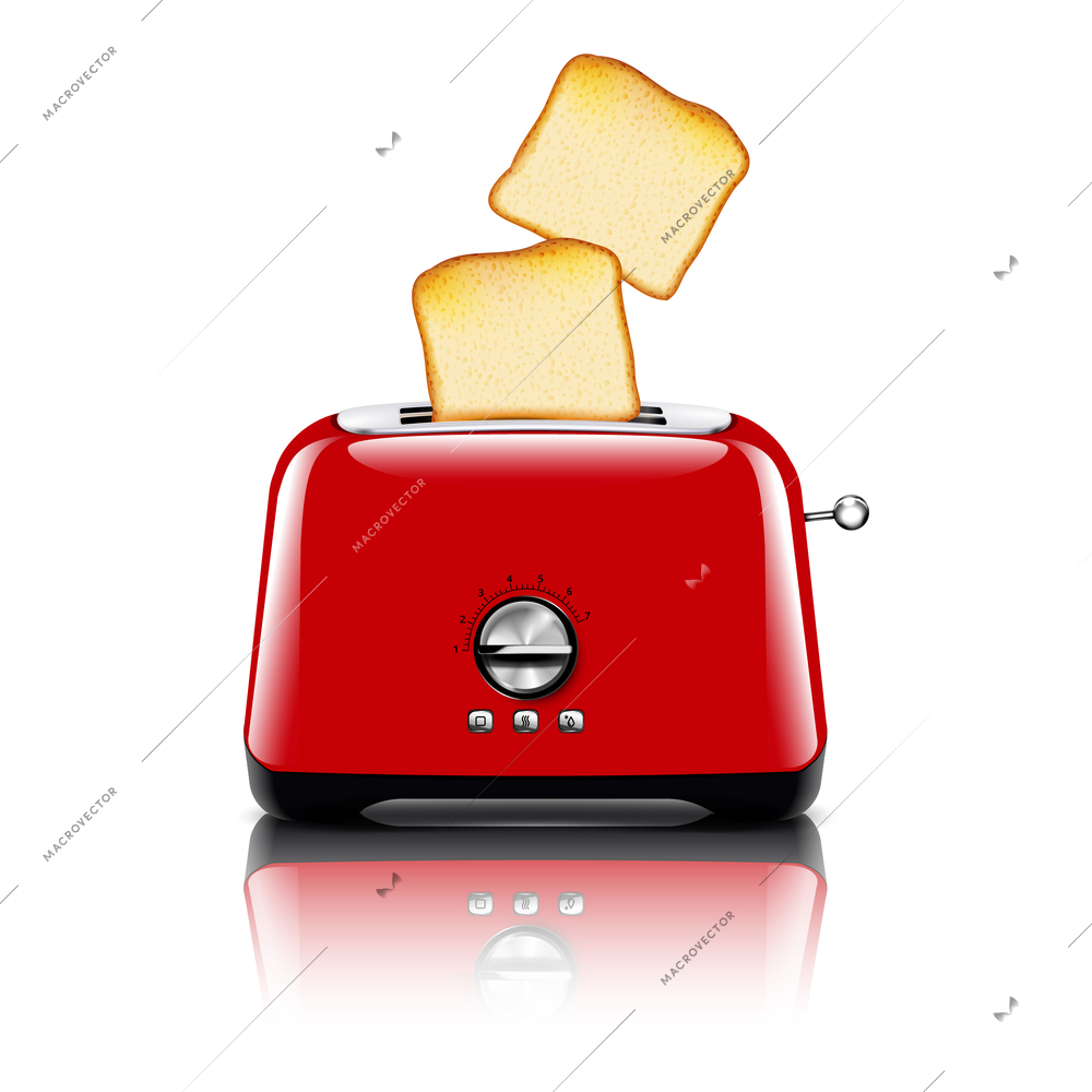 Toaster realistic composition with image of red plastic toaster with slices of toast bread and shadows vector illustration