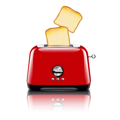 Toaster realistic composition with image of red plastic toaster with slices of toast bread and shadows vector illustration