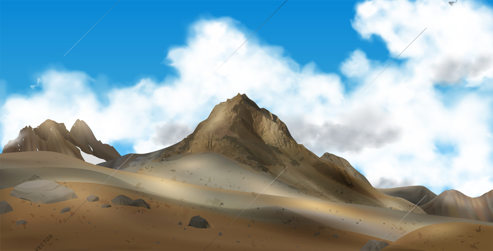 Realistic mountains landscape composition with horizontal view of sky with clouds and brown mountains with stones vector illustration