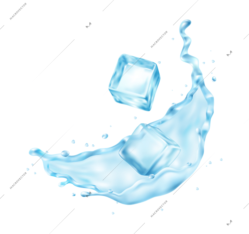 Realistic composition with images of water splash with ice cubes on blank background vector illustration