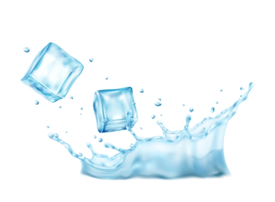 Realistic composition with images of water splash with ice cubes on blank background vector illustration