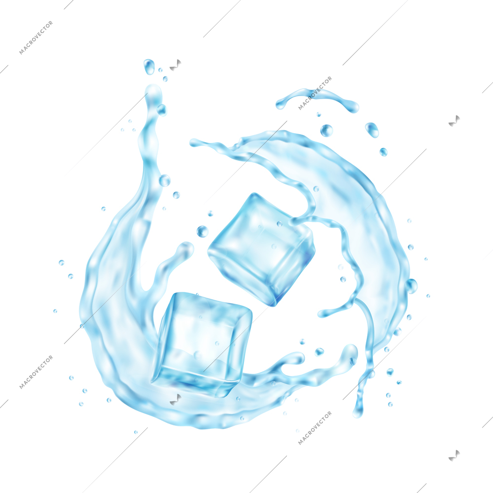 Realistic composition with images of water splash with ice cubes on blank background vector illustration