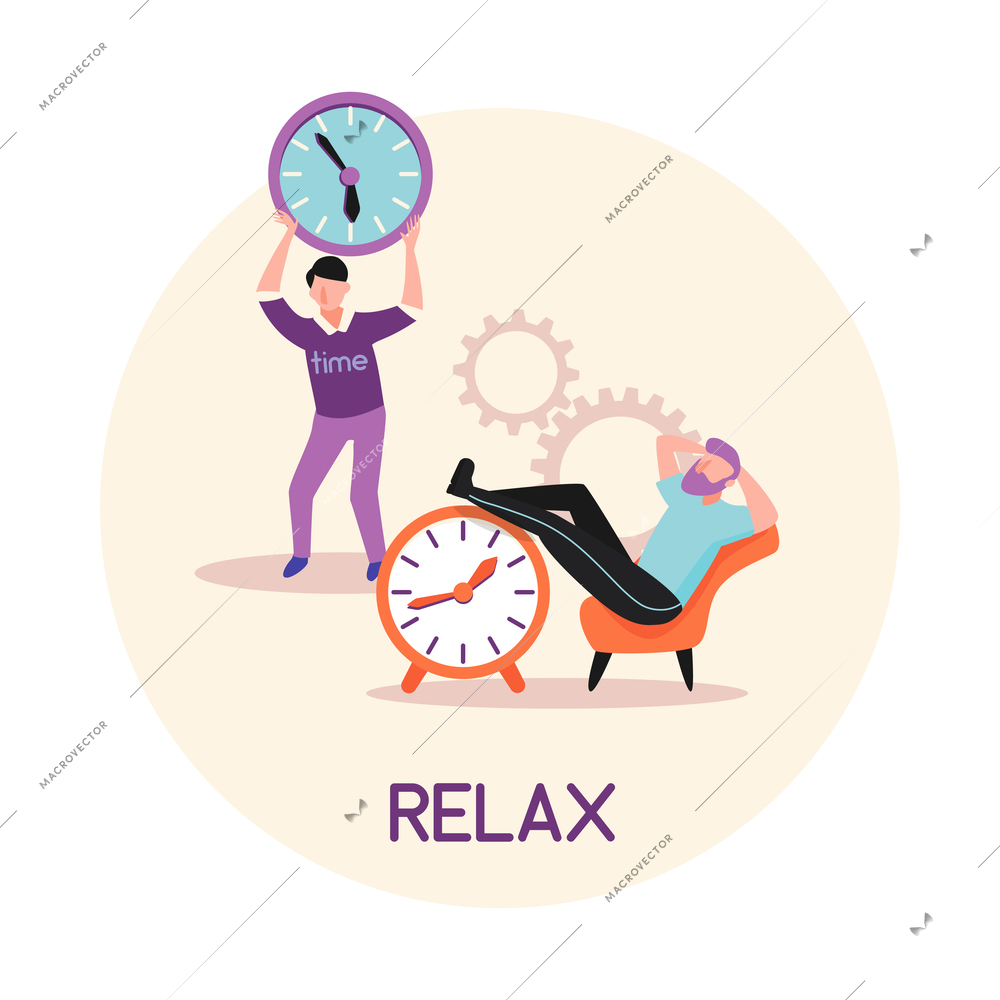 Time management flat composition with text and human characters holding alarm clocks vector illustration