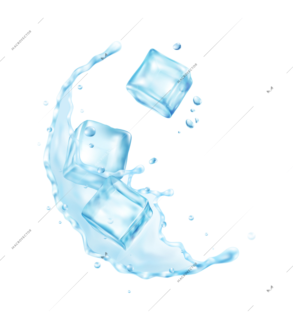 Realistic composition with images of water splash with ice cubes on blank background vector illustration