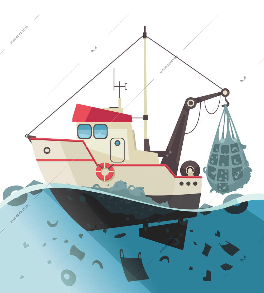 Nature water pollution composition with view of fishing boat dragging net full of rubbish vector illustration