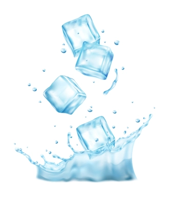 Realistic composition with images of water splash with ice cubes on blank background vector illustration