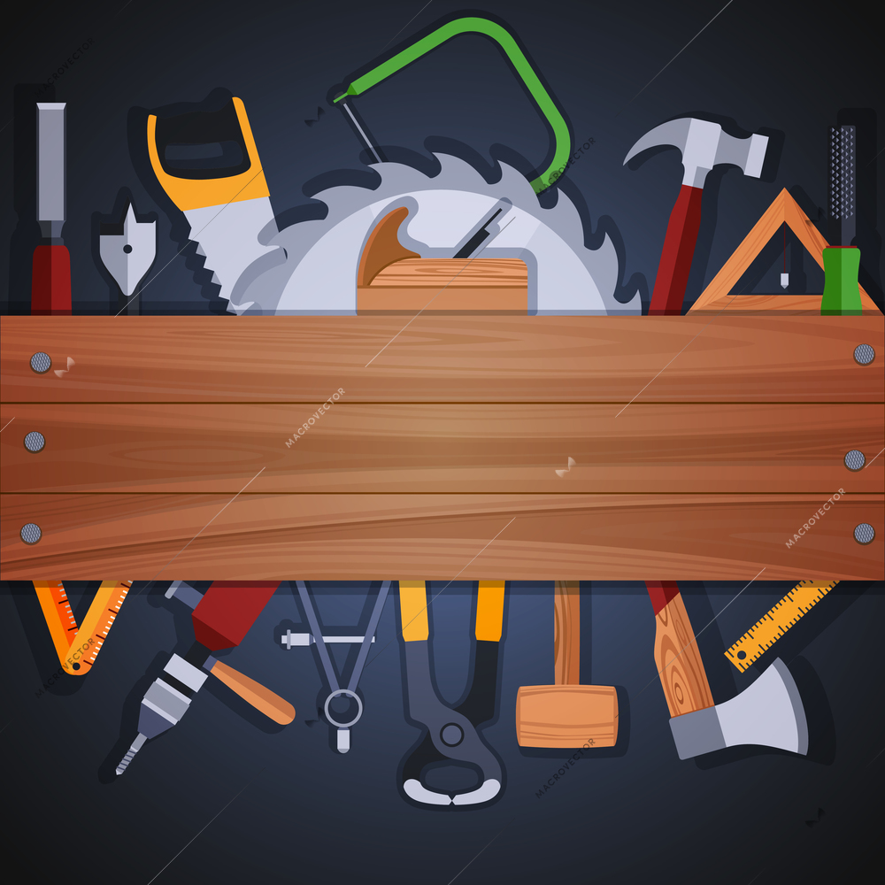 Carpentry woodworks background with wooden plank and handwork tools and equipment vector illustration