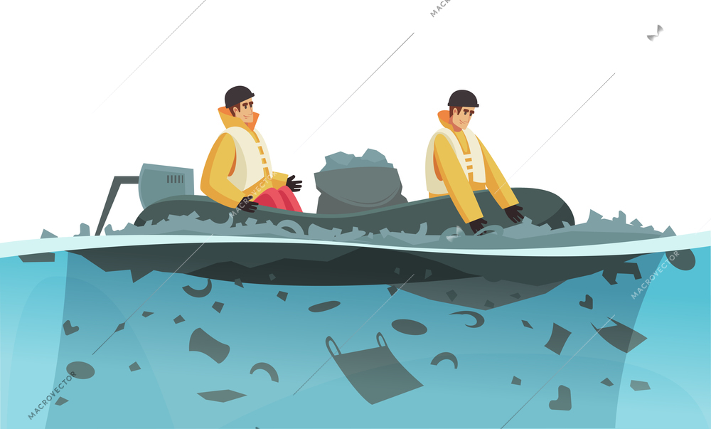 Nature water pollution composition with view of floating boat with characters of two garbage collectors vector illustration