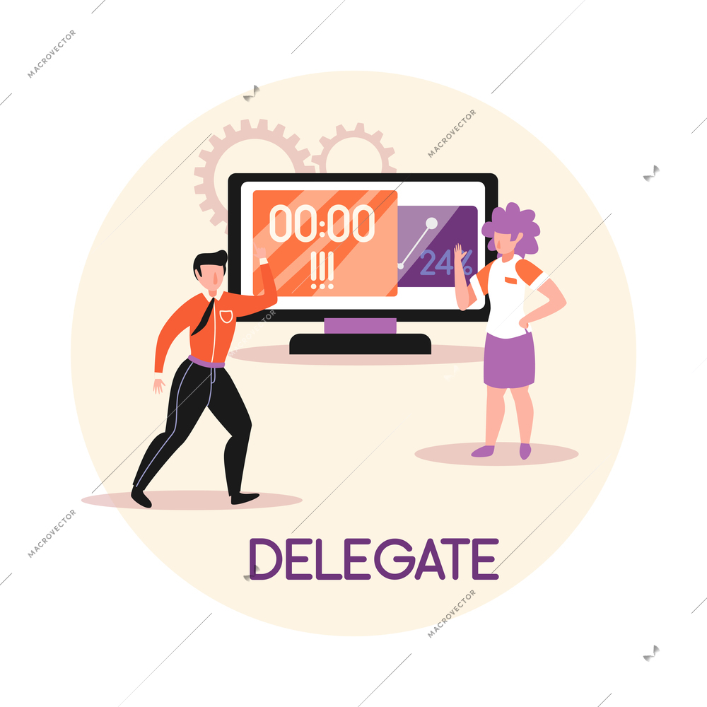 Time management flat composition with text and characters of boss employee and computer app vector illustration