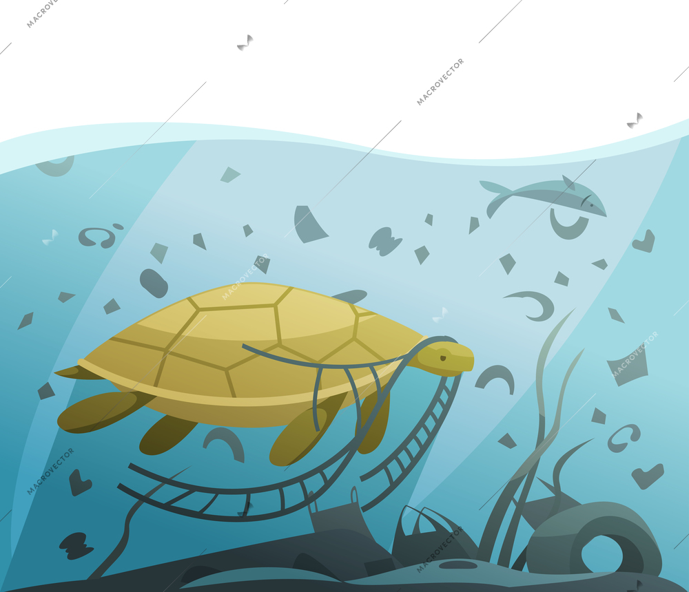 Nature water pollution composition with view of turtle floating through lots of rubbish vector illustration