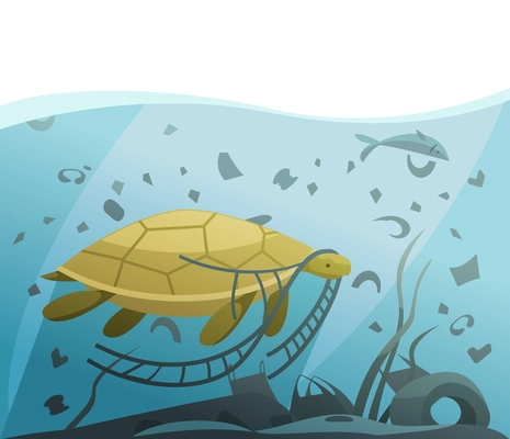 Nature water pollution composition with view of turtle floating through lots of rubbish vector illustration