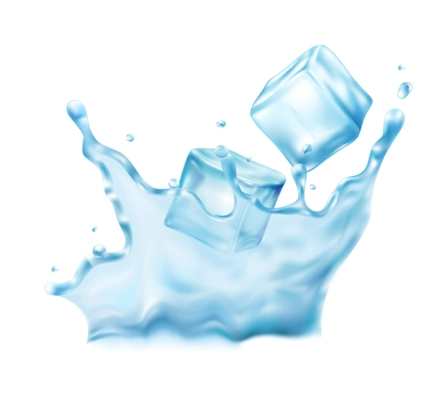 Realistic composition with images of water splash with ice cubes on blank background vector illustration