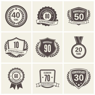 Anniversary celebration black label icons set isolated vector illustration