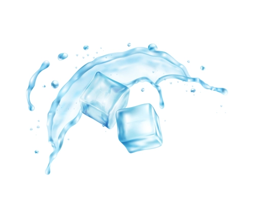 Realistic composition with images of water splash with ice cubes on blank background vector illustration