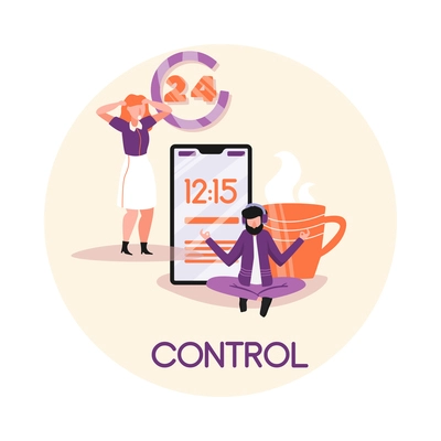 Time management flat composition with text people and images of smartphone and coffee vector illustration