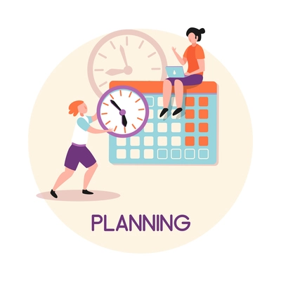 Time management flat composition with text and human characters with clocks and calendar vector illustration