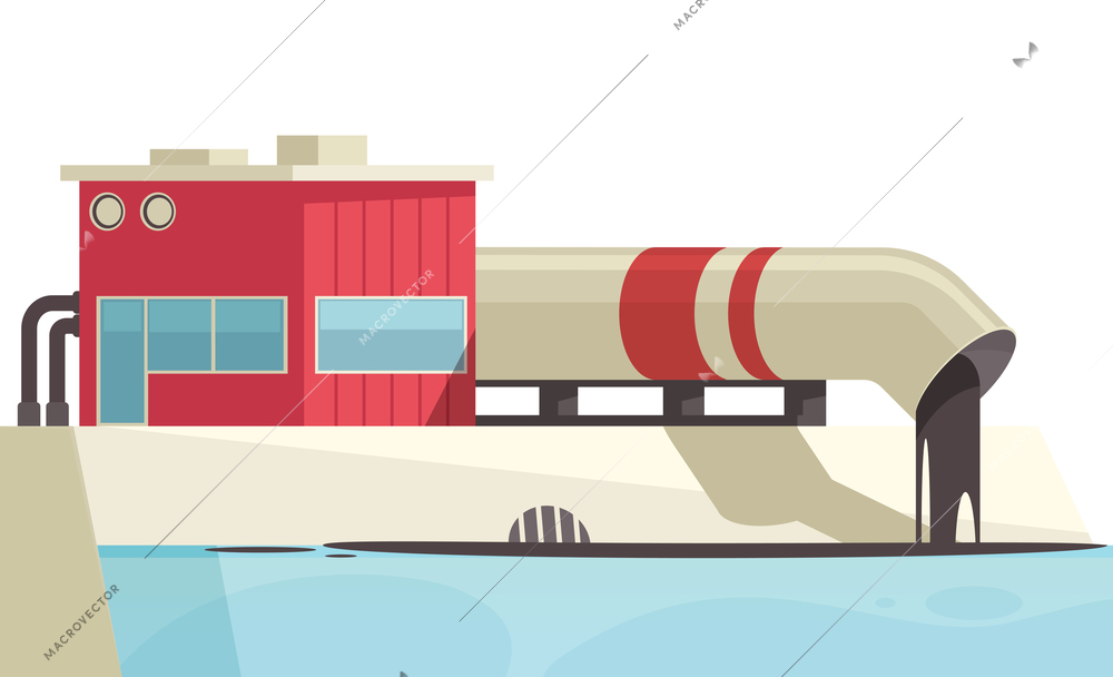 Nature water pollution composition with view of plant spoiling dirt through tube into water vector illustration