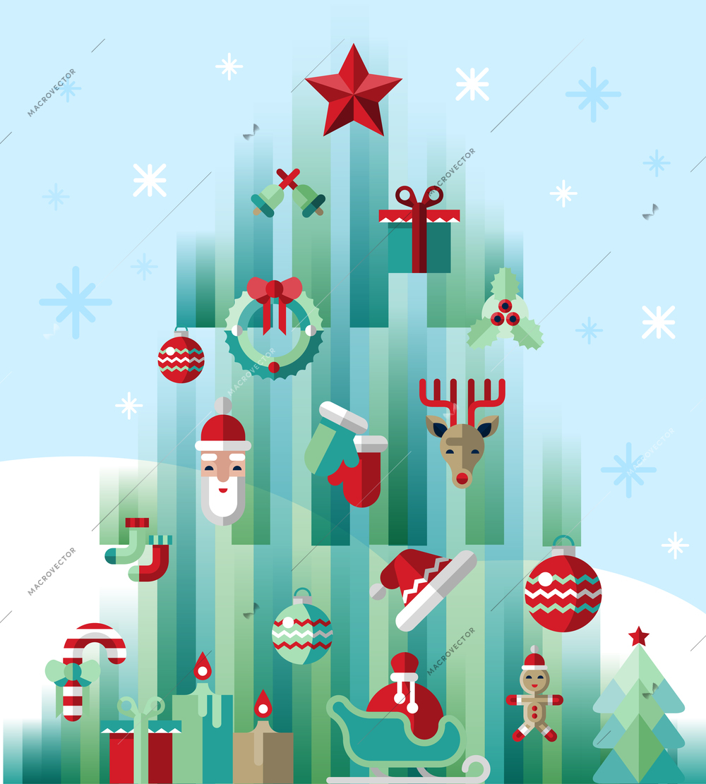 Christmas new year icons set on pine tree holiday concept vector illustration