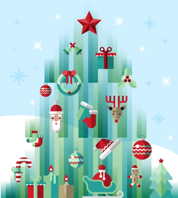 Christmas new year icons set on pine tree holiday concept vector illustration