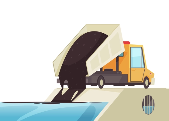 Nature water pollution composition with image of truck spoiling rubbish into water vector illustration