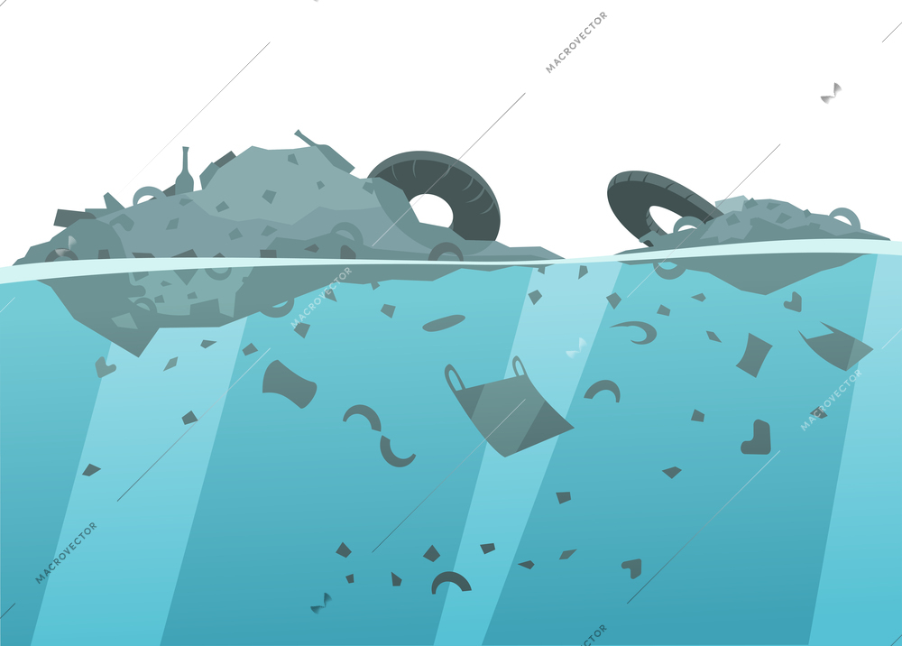 Nature water pollution composition with pieces of rubbish floating on the water surface vector illustration