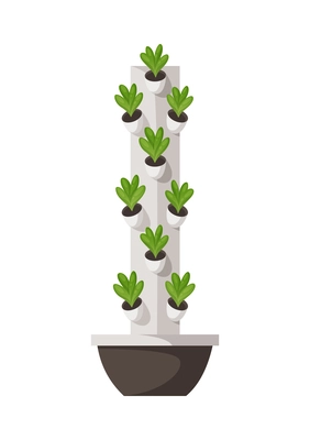 Greenhouse vertical farming hydroponics aeroponics cartoon composition with plants in column vector illustration