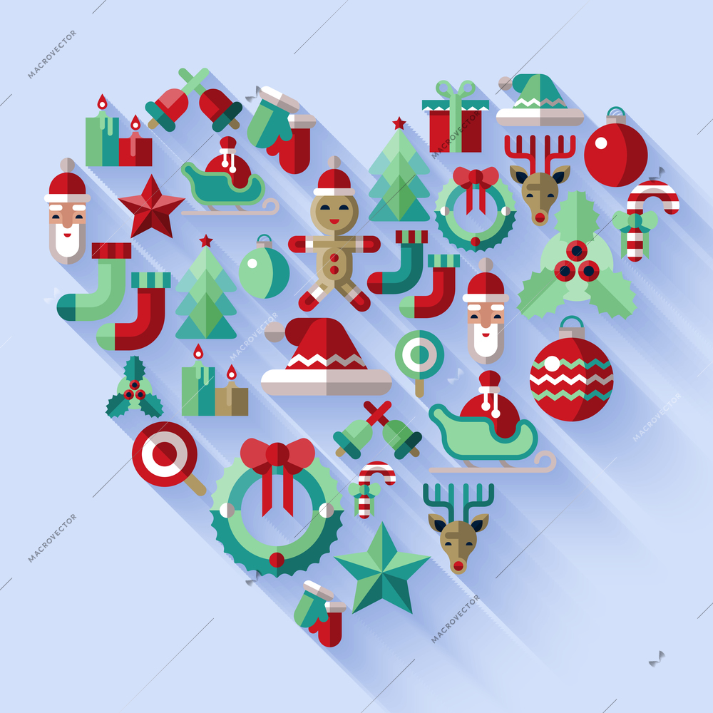 Christmas new year icons set in heart shape holiday concept vector illustration