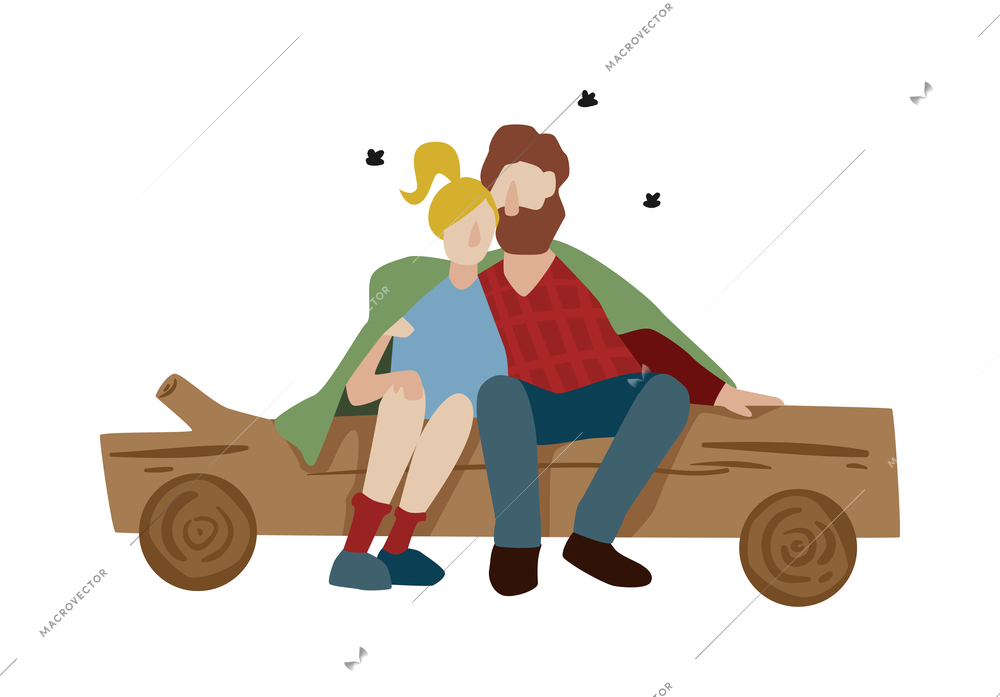 Camping composition with isolated view of loving couple sitting on tree trunk surrounded by insects vector illustration