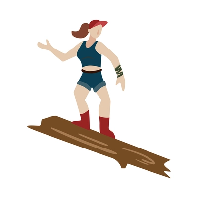 Camping composition with character of female hiker stepping up tree trunk on blank background vector illustration